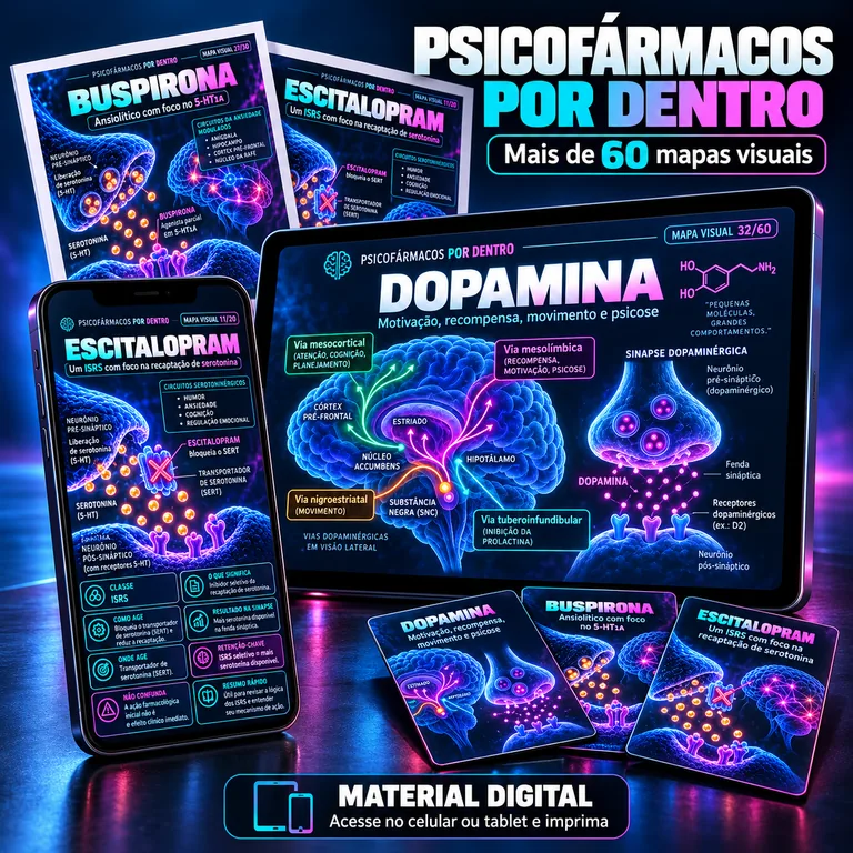 Material digital Psicofármacos por Dentro no tablet, celular, folhas A4 e cards